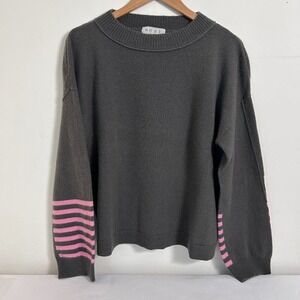 NHBT Cashmere Sweater Womens L Grey Pink Striped Cuff Crewneck Knit Pullover